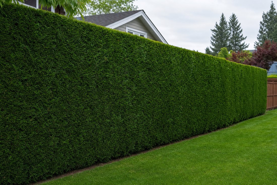 Tall neatly trimmed cedar hedge along a Fraser Valley property line