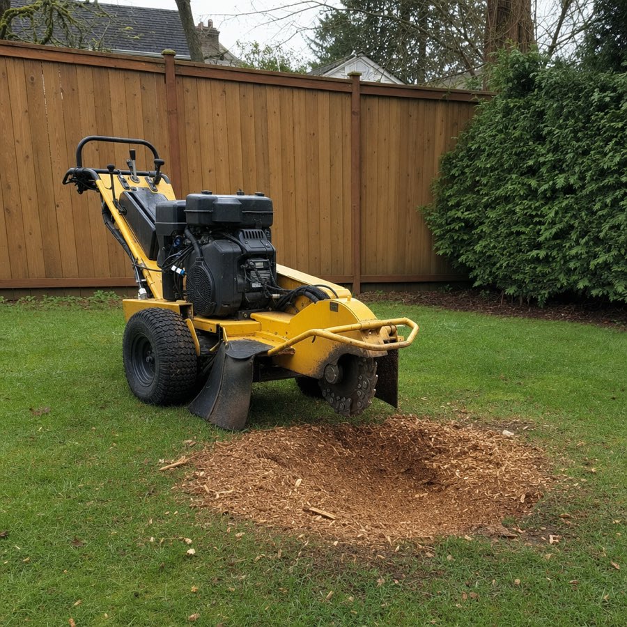 Stump grinder beside a ground-out stump and fresh wood chips in a Fraser Valley backyard