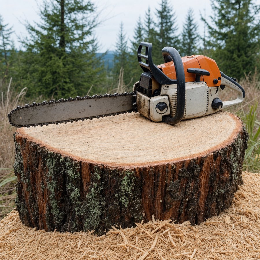 Chainsaw resting on a freshly cut tree stump after a tree removal in the Fraser Valley
